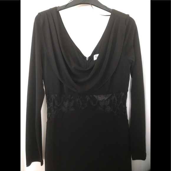 Badgley Mischka Black Drape Front Gown with Peek-A-Boo Lace Insert - Picture 3 of 6